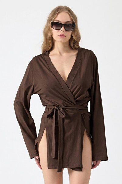 COMBİNE MİCHAİL Γυναικεία ρούχα παραλίας Άνετο καφέ κιμονό με ζώνη