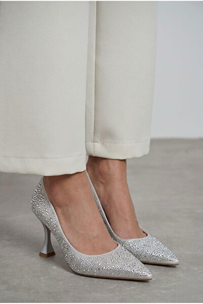 v.s.h velvet Γυναικεία βραδινά παπούτσια με τακούνι σε γκρι πέτρα με μυτερή μ...