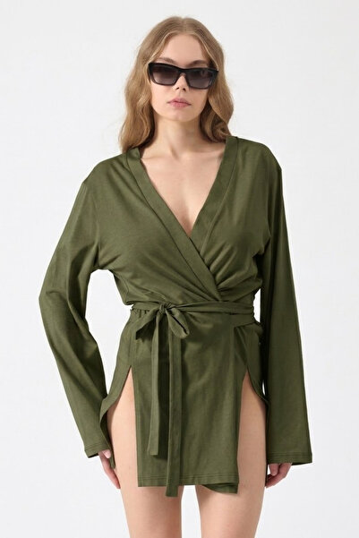 COMBİNE MİCHAİL Γυναικεία ρούχα παραλίας Άνετο χακί κιμονό με ζώνη