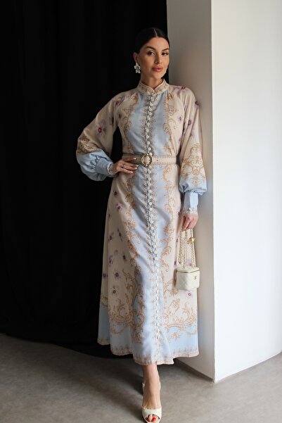 Julidress Blue Beige High Collar Buttoned Belted Premium Design Linen Dress