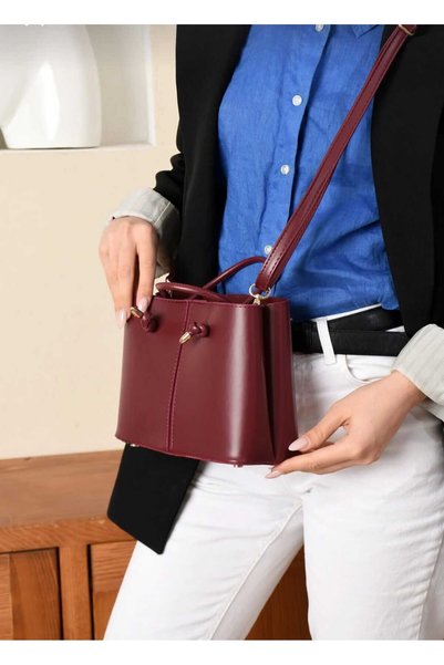 ÖZÜM ÇANTA Women's 3-Compartment Long Strap Shoulder Bag Claret Red