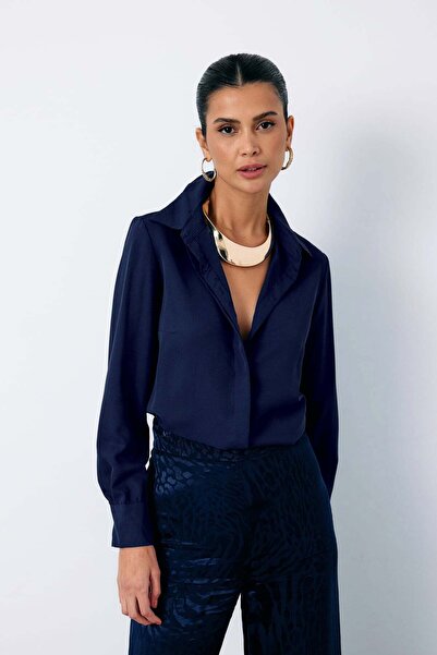 Sateen Κλασικό απλό πουκάμισο - Ναυτικό μπλε