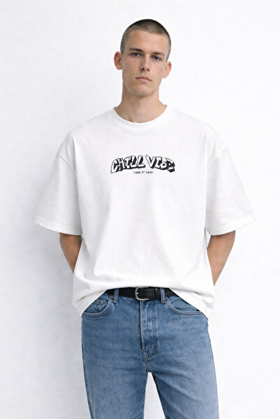 MATERIAL Ανδρικό μπλουζάκι CHILL VIBE με στάμπα κειμένου, oversized, εκρού