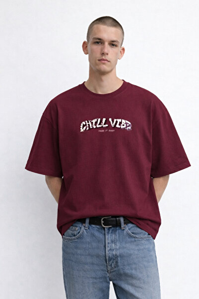 MATERIAL Ανδρικό μπλουζάκι CHILL VIBE με στάμπα, υπερμεγέθη, μπορντό χρώμα