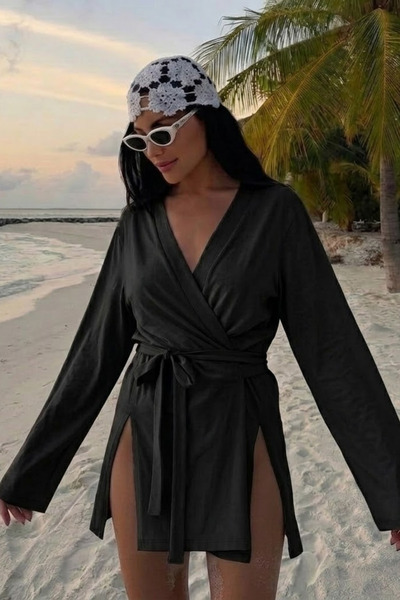 COMBİNE MİCHAİL Γυναικείο μαύρο κιμονό με λαιμόκοψη V και ζώνη