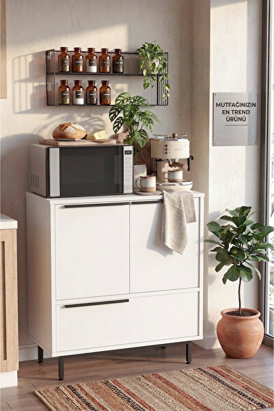 Yurudesign Ocean Mutfak Dolabı Mikrodalga 3 Kapaklı Metal Ayaklı Beyaz On8a-w