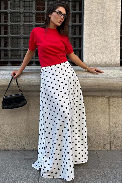 Madmext Λευκή πουά μάξι γυναικεία σατέν φούστα MG2725