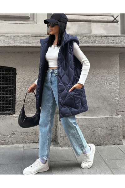 MODA kapşonlu kaiptone uzun yelek