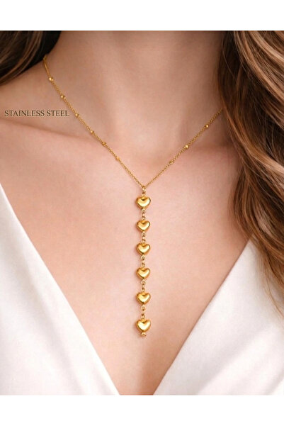 stainless steell gold renk ezme zincir kalp Y model çelik kolye