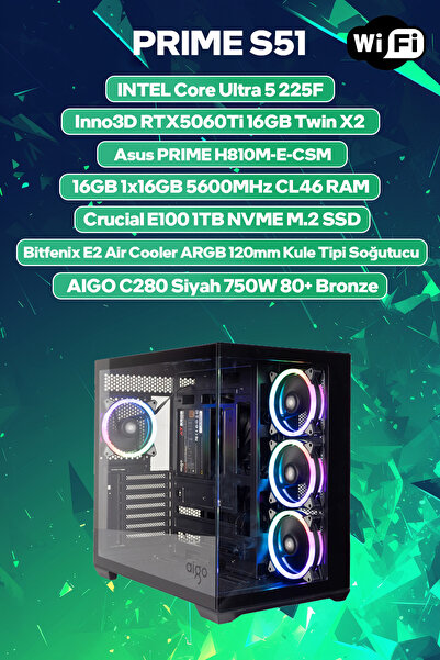 Game Garaj Prime S51 Intel Ultra 5 225F 16GB RAM 1TB SSD RTX5060Ti 16GB FreeD...
