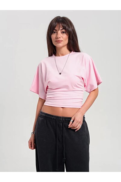 Cupla Γυναικεία μπλούζα με φαρδιά μανίκια που εφαρμόζει στη μέση, ροζ χρώμα