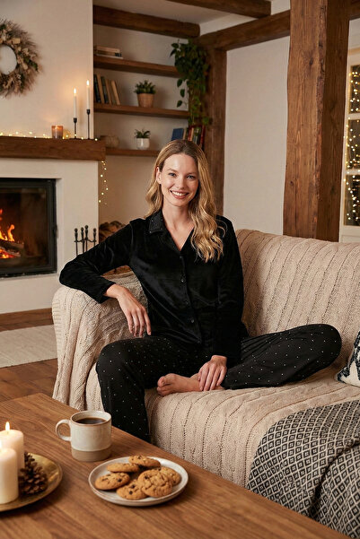 Lela Σετ πιτζάμες με σχέδιο με κανονική εφαρμογή, γυαλιστερό βελούδο ΣΕΤ ΠΙΤΖ...