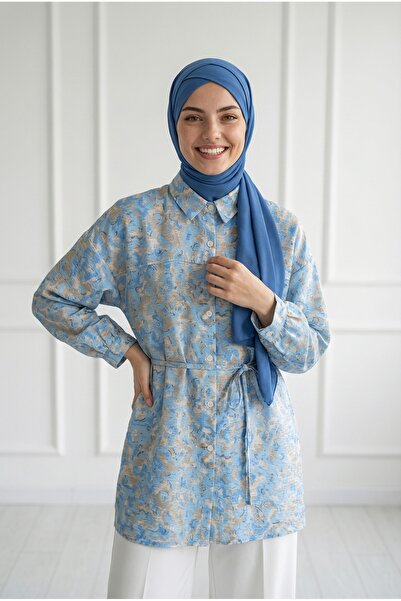 BENAHOLL Lamyla Κοντό πουκάμισο με έθνικ σχέδιο και κορδόνια-PE266 Baby Blue