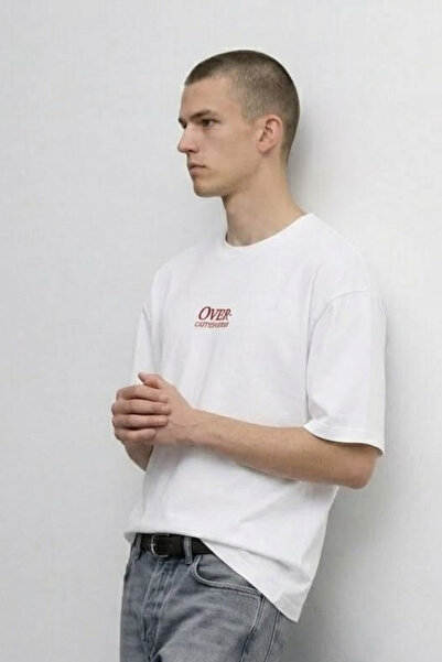 MATERIAL Ανδρικό μπλουζάκι Oversize με στάμπα κειμένου, άνετο εκρού χρώμα