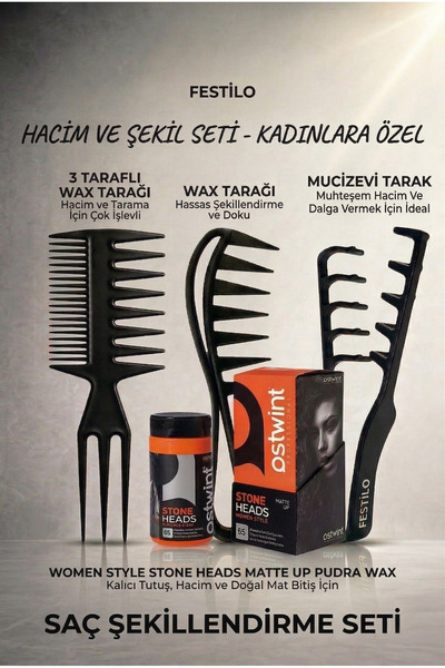 FESTİLO Mucizevi Hacim Ve Dalga Saç Şekillendirme Tarak Seti Kadınlara Özel 4...