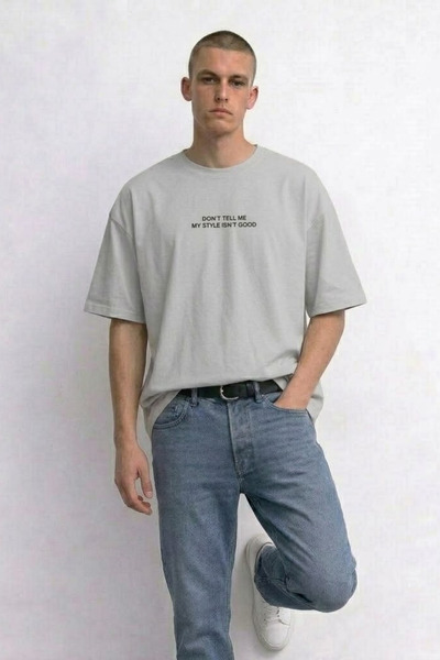 MATERIAL Ανδρικό μπλουζάκι με στάμπα κειμένου, άνετο, γκρι, φαρδύ