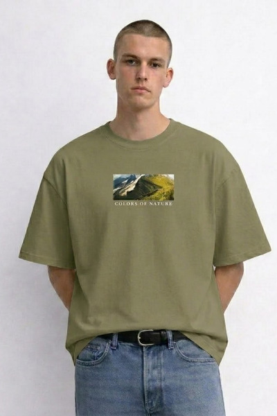 MATERIAL Ανδρικό μπλουζάκι χακί με στάμπα Landscape Oversize