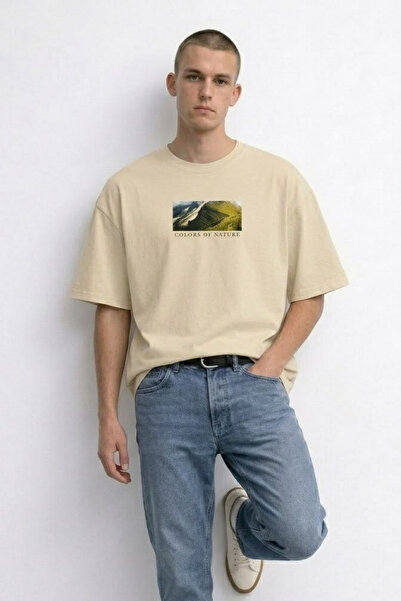 MATERIAL Ανδρικό μπλουζάκι με στάμπα Landscape Oversize σε μπεζ χρώμα