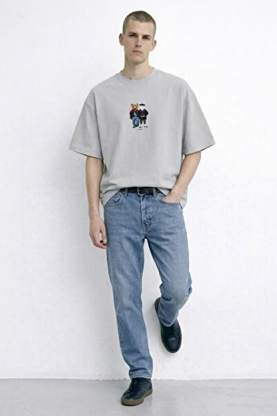 MATERIAL Ανδρικό καλοκαιρινό φαρδύ γκρι μπλουζάκι με στάμπα Bear&Rabbit