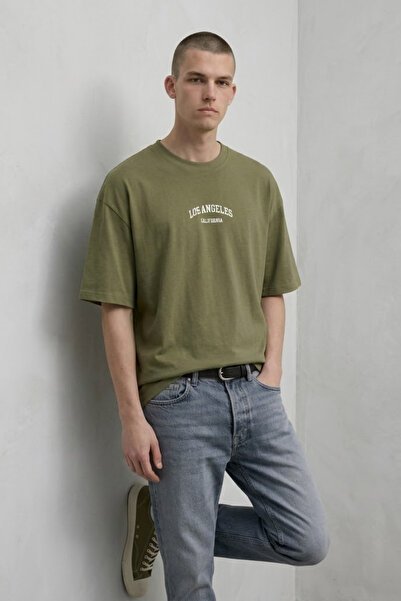 MATERIAL Ανδρικό μπλουζάκι Los Angeles με στάμπα, χαλαρό, χακί