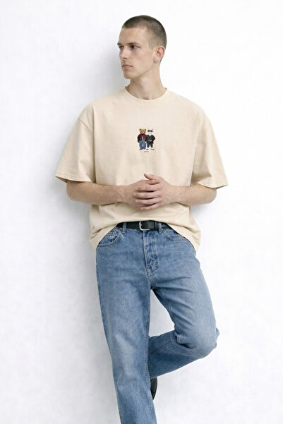 MATERIAL Ανδρικό καλοκαιρινό φαρδύ μπεζ μπλουζάκι με στάμπα Bear&Rabbit