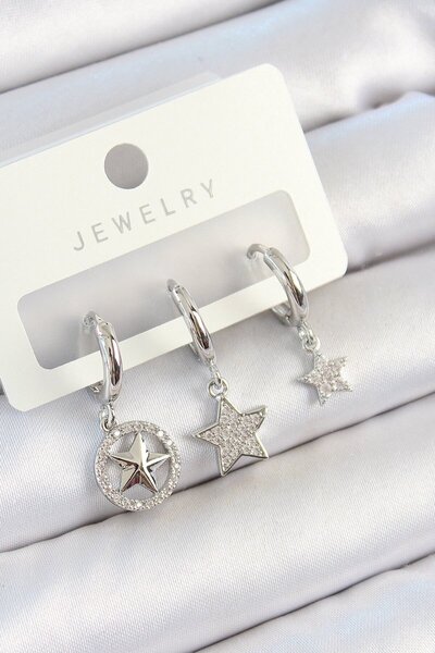 Generic Brand Brass Zircon Stone Star Model Silver Color 3-Piece Double Women...