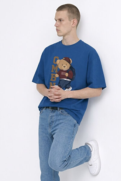 MATERIAL Ανδρικό μπλουζάκι με λαιμόκοψη ποδηλάτου και στάμπα αρκουδάκι σε μπλ...