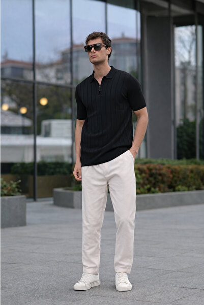 ModaYaren Black Men's Polo Collar Half Zipper Black T-Shirt