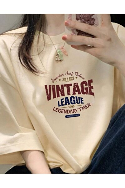 BYMEER Μπεζ Vintage εμπριμέ μπλουζάκι Oversize