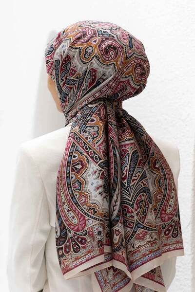 Vissona 100% İpek Etro Desenli Taş - Bordo Renkli 92x210 Şal