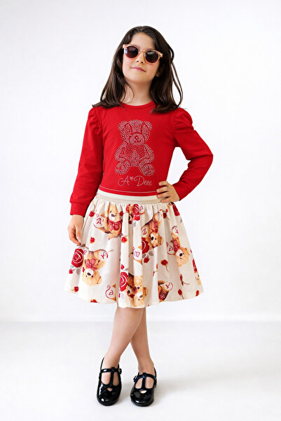 Alin Alp 4-8 Years Old Girl's Red Stone-Embellished Blouse and Patterned Skir...