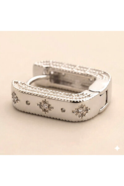 Siya Silver Zircon Stone Vintage Patterned Geometric Rectangular Steel Earrings