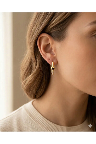Heart Detailed Rectangular Steel Earrings with Zircon Gemstone