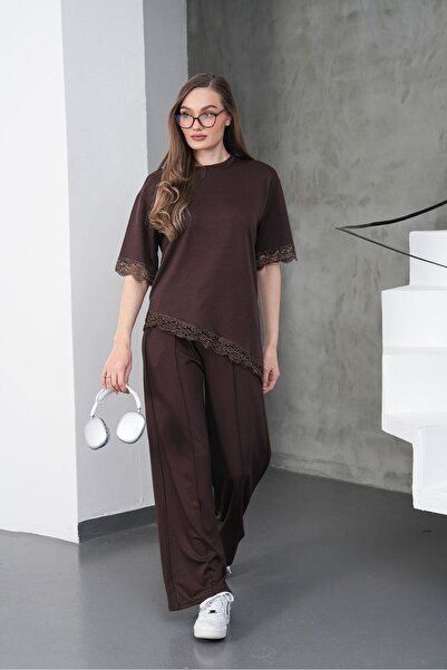 MODAMERSİ Women's Brown Lace Detailed Top and Bottom Modal Set