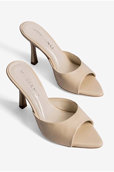 Mubiano Γυναικείες παντόφλες στιλέτο με μυτερή μύτη, ανοιχτό τακούνι, μπεζ Cedra