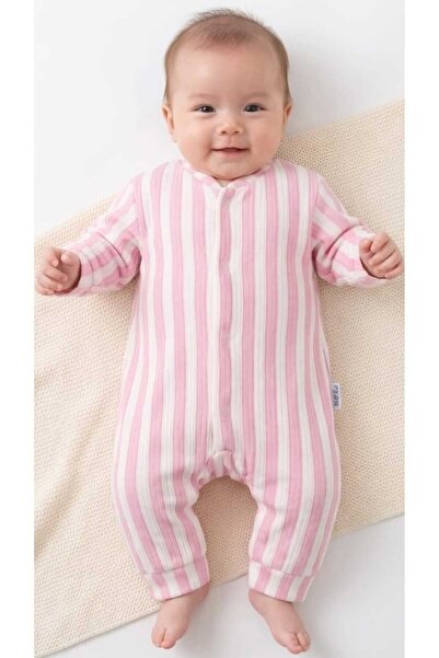 Derin Bebek Giyim %100 PAMUKLU PEMBE ÇİZGİLİ KIZ BEBEK TULUMU