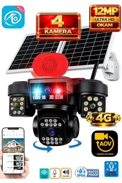 O-KAM OK337 12MP 4 Kameralı 4G Çift Solar Panel AOV Gece Görüş Sesli Konuşma