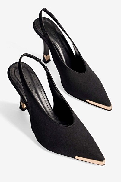 Mubiano Kadın Nubuk Stiletto Sivri Burun Arka Açık Gold Metal Detaylı Topuklu...