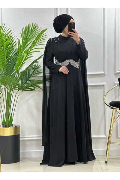 masalabiyem 4106 K 400 SİYAH BEL TAŞLI SİFON PELERİNLİ İNCİ ABİYE