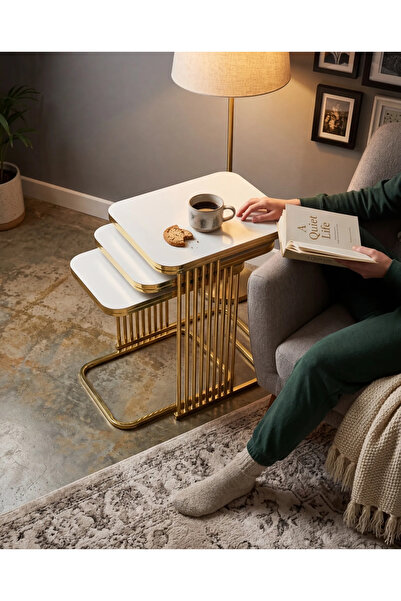 Riyes Tasarım Piyano Üçlü Zigon GOLD Kaplama 3 lü Hayglass Mdf Modern Sehpa -...