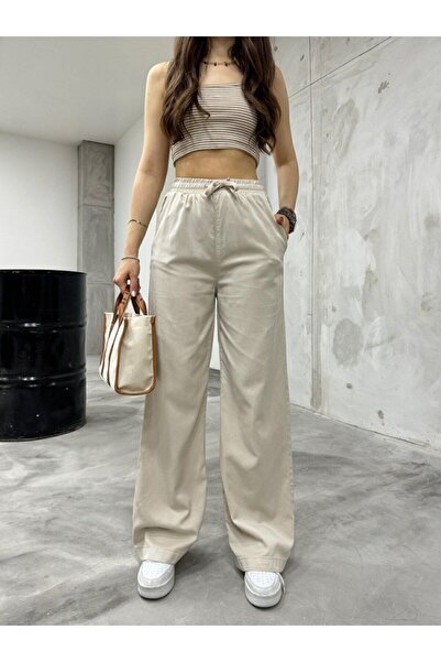 BİKELİFE Γυναικεία λινή μέση με λαστιχένιο δέσιμο ψηλόμεσο παντελόνι φαρδύ