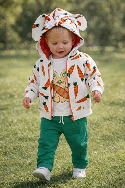 CNDR Tavşan Ve Havuçlar Fermuar Kapama 3'lü Kız Erkek Bebek Takımı Kapüşonlu ...