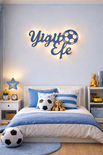 Runc Design Kişiye Özel LED Işıklı Ahşap İsimlik – Erkek Çocuk Odası Duvar De...