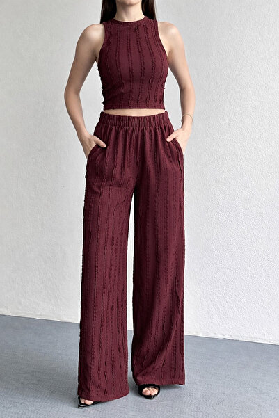 İLKCET MODA Σετ με λαιμόκοψη halter, μπορντό παντελόνι με αντίστροφη ραφή και...