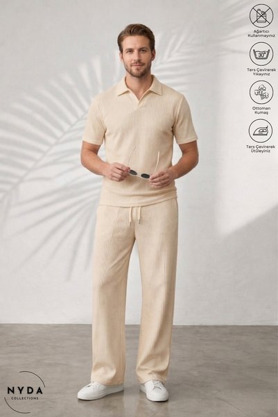Nyda Collections Men's Ottoman Fabric Short Sleeve Polo Collar T-Shirt with Pockets and Elastic Waist Tie-Up Pants Set