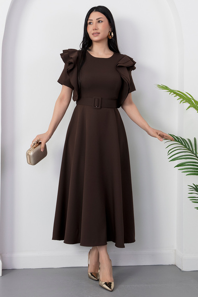PULLIMM Atlas Dress with Flared Sleeves and Belt Dks1213