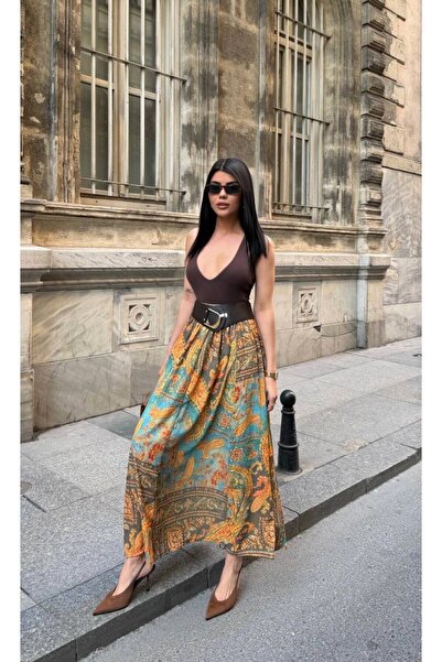 PİNK FLY Belted Ethnic Patterned Midi Skirt