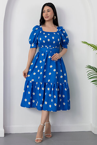 PULLIMM Daisy Printed Elastic Square Collar Dress 2023-2269
