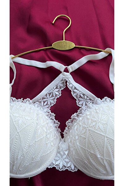 MODELLİFE Women's White Silicone Padded Cross Lace Bra