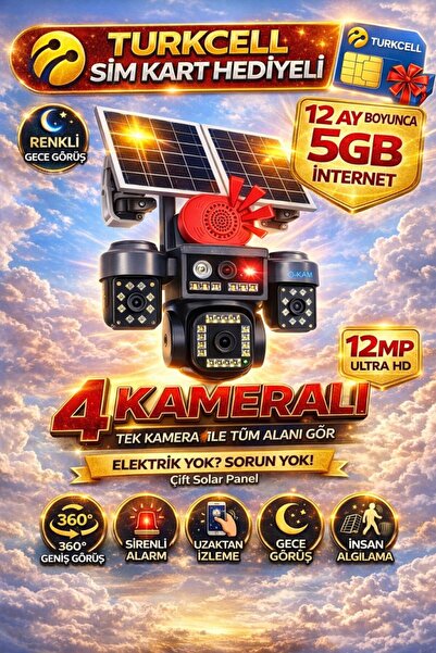 O-KAM OK337 12MP 4 Kameralı 4G Çift Solar Panel AOV Gece Görüş Sesli Konuşma ...